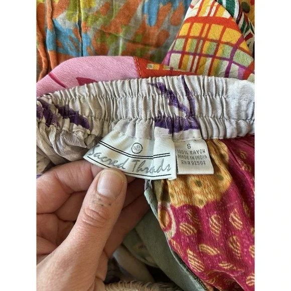 Sacred Threads Patchwork Pull On Baggy Wide Leg Cropped Pants S Boho Festival - Picture 7 of 8